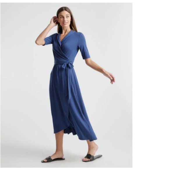 Quince Dresses & Skirts - Quince Tencel Jersey Midi Wrap Dress NWOT Blue Med